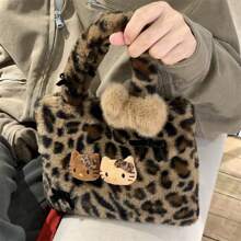 Sanrio Sanrio Hello Kitty Brand Bags, Plush Leopard Print Handbag, Cute Seasonal Leopard Print Handbag, Minimalist Outdoor Tote, Retro Plush Commuter Bag, Women Handbag, Shoulder Bag, Charm, Travel Bag, Books, Travel, Luxury Ladies Handbag (Note Size Selection)