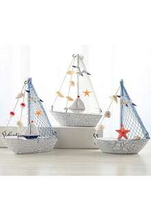 1pc Wooden Sailboat Ornament Nautical Beach Coastal Style Decoration With Seashell Net Lighthouse Starfish Seagull Wheel Random Design Mini Boat Figurine For Home Shelf Desktop Tabletop Bathroom Decor Gift - Multicolor - View 3