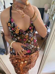 Women Y2k Sequin Halter Cami Tops Summer Deep V Neck Spaghtti Strap Backless Sexy Crop Tank Tops Sheer Mesh Patchwork Slim Fit Shirt Fairy Grunge Going Out Tops E-Girls Vintage Aesthetic Clothes Clubwear