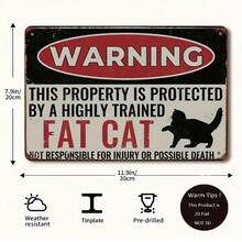 [2D Flat] 1pc Vintage Metal Tin Sign - 20x30 Cm Iron Wall Art, Humorous "Protected By A Highly Trained Fat Cat" Warning, Black With White Text, Perfect For Home, Bar, Cafe Decor & Gift, Halloween & Christmas Aesthetic Room Decor, Metal Wall Art Decor - Multicolor - View 5