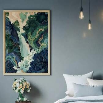 1pc, Hokusai Ukiyoe Japanese Waterfall Mural, Landscape Poster, Blue-Green Japanese Print Fashion Paintings For Living Room Bedroom Home Office Dormitory Decor Wall Background Design Picture Optional Frame