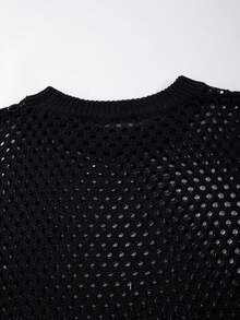 BLACKTOEXIT 春夏男女款純色寬鬆休閒運動印花鏤空圓領針織短袖套頭上衣 - 黑色 - 查看 9