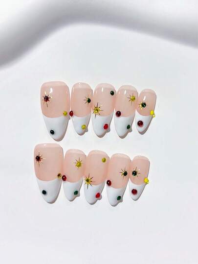 10pcs Almond-Shaped Minimalist Nude & White French Manicure Nail Stickers; Decorated With Colorful Rhinestones And Hexagram Patterns; DIY Nail Stickers, Acrylic Fake Nails For Nail Art; Suitable For Holidays, Parties And Daily Wear; Includes 1pc Jelly Gel And 1pc Mini Nail File.