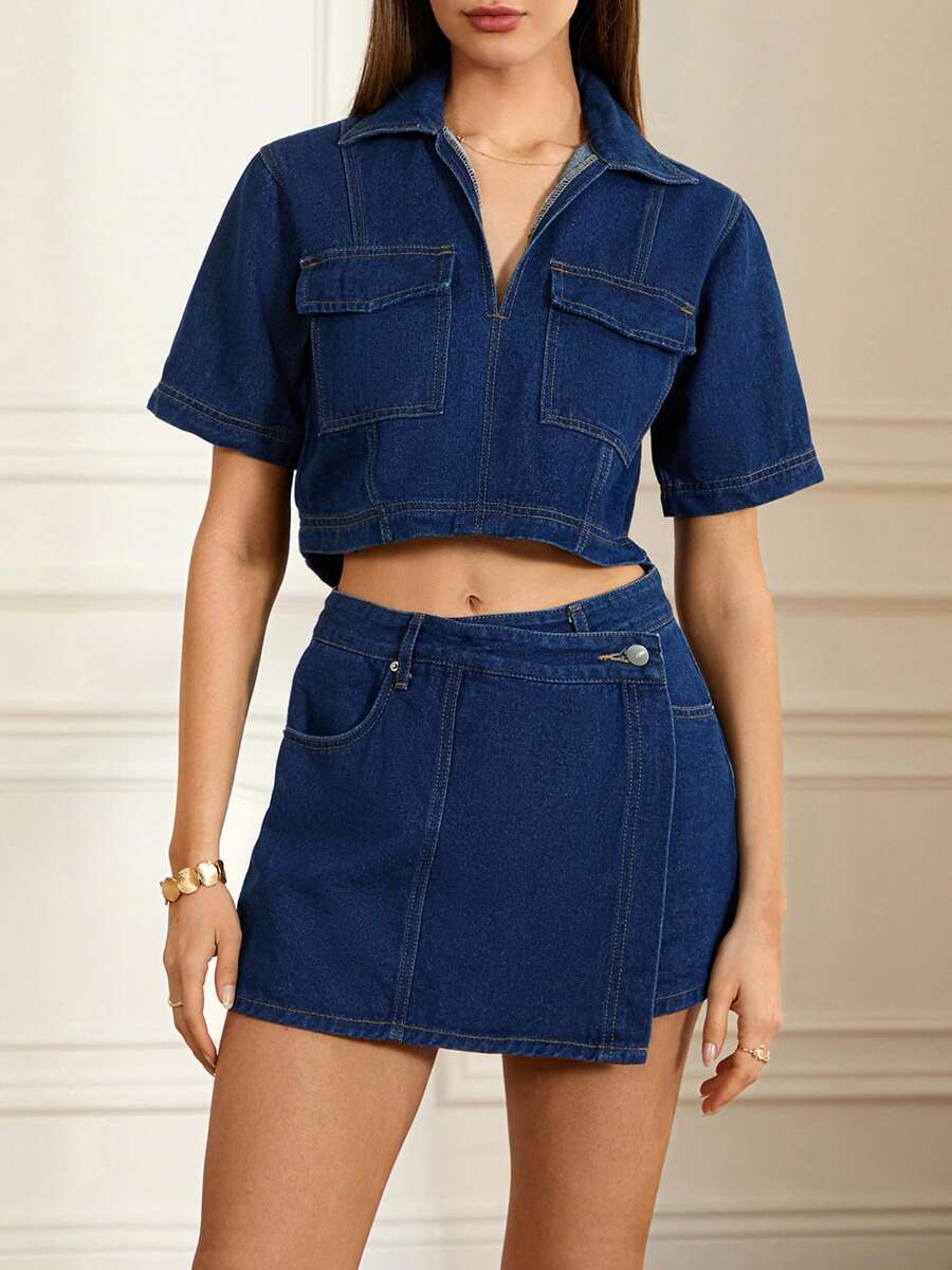 Womens 2 Piece Denim Outfits Short Sleeve Lapel Jean Tops And Asymmetrical Shorts Set Streetwear - Màu xanh hải quân - Xem 1