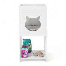 Mesa de Cabeceira Neko com Casinha Para Gato e Nicho Integrado Branco  - Desk Design