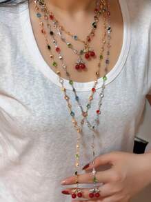 2 pezzi Collana lunga con ciondolo a forma di Y, con ciondolo a forma di ciliegie rosse metalliche e choker di cristalli colorati, gioielli stile boho, regalo per donna, adatto per occasioni