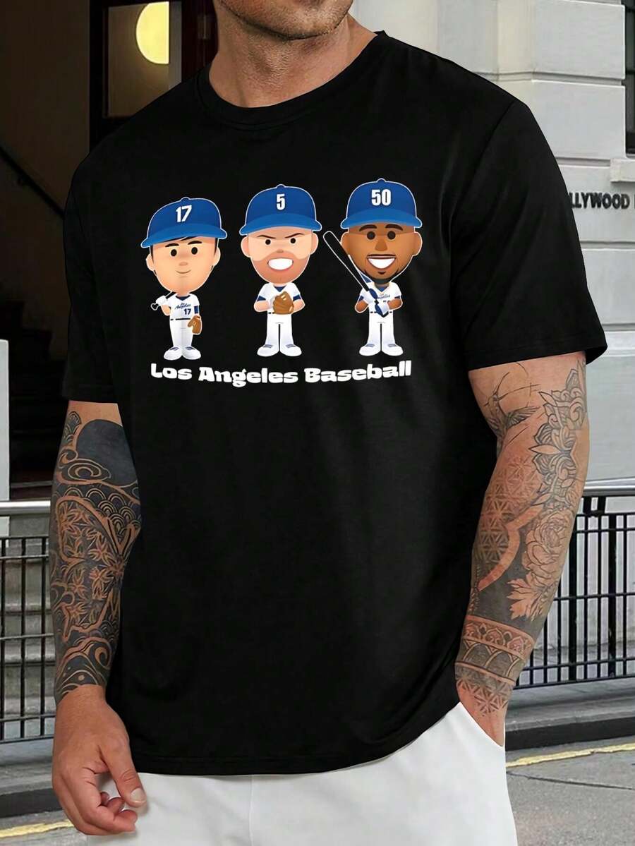 Camiseta de béisbol de los Dodgers de Los Ángeles - para hombre y mujer - azul - camiseta MLB - gráfico de jugador de dibujos animados - regalo para amantes del béisbol - ropa informal de verano - atuendo para el día del partido - camiseta deportiva de moda para hombre y mujer - Negro - Ver 1