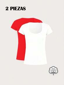 Paquete set 2 playeras dama mujer basica manga corta cuello redondo algodon 100% ajustada comoda ligera fresca - Rojo y blanco - Ver 1