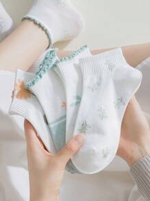 1-5 Pairs Women's Flower Print Romantic Pastoral Boat Socks, Short Daily Casual Fashion Versatile Sports Socks