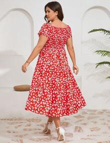 Yesfashion Women Plus Size Dress Short Sleeve Heart Neck Floral Dress - 紅色 - 查看 4