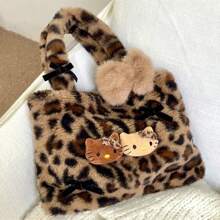 Sanrio Sanrio Hello Kitty Brand Bags, Plush Leopard Print Handbag, Cute Seasonal Leopard Print Handbag, Minimalist Outdoor Tote, Retro Plush Commuter Bag, Women Handbag, Shoulder Bag, Charm, Travel Bag, Books, Travel, Luxury Ladies Handbag (Note Size Selection)