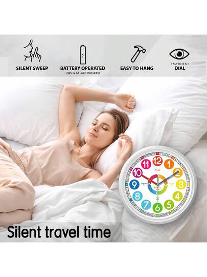 An 10 Inch Teaching Klok Battery Powered, 12 Hour Large Number Learning Telling Time, Multiple Partitions Easy To Learn Silent Clock, Living Room, Bedroom, Children's Playground, Classroom ation, Holiday (No Battery) Wand Bedroom Dormitory Back School Surprise Home Supplies view 5