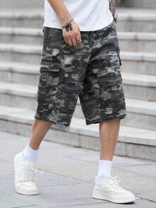 1pc Men's American Retro Camouflage Denim Cargo Shorts, Patchwork Distressed Washed Wide Leg Loose Fit Mid-Length Pants - Army Green - View 4