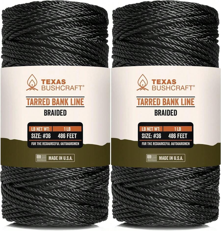 Texas Bushcraft Tarred Bank Line Twine - #36 Black Nylon String For Fishing, Camping And Outdoor Survival – Strong, Weather Resistant Bankline Cordage For Trotline - Braided - View 1