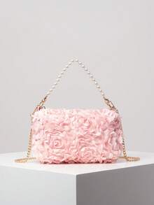 Elegant 3D Flower Handbag, Pearl Bag, Metal Chain Shoulder Bag, Prom Accessories, Prom Bag, Prom Dresses For Women, Elegant Bag For Women (Pattern Random) - Pink - View 2