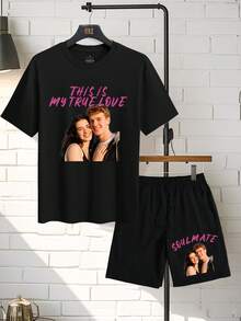 Customized 2 Pieces Set For Men, T-Shirt And Shorts, Casual, Loose, Streetwear, Sportswear, Vacation, Outdoor, Spring, Summer, Autumn, Suitable For Boyfriend, Family, Friends Birthday, Can Use Your Own Photo/Logo, Suitable For Couples, Pranks, Surprise Gifts - Black - View 2