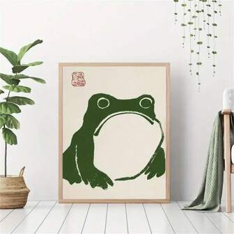 1pc Japanese Retro Green Frog Wall Art Print Vintage Frog Poster Fashion Paintings For Living Room Bedroom Home Office Dormitory Decor Wall Background Design Picture Optional Frame ,Wall Art With Frame