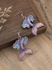 1 Pair Wood Printed Summer Ocean Mermaid Tail Colorful Earrings For Women