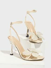 Dam vår/sommar utomhus högklackade sandaler, mode exklusiva 3D fjärilssandaler med fyrkantig tå, smal hög klackrem, sexiga korsremmar, eleganta mångsidiga aprikosfärgade skor - Aprikos - Visa 6