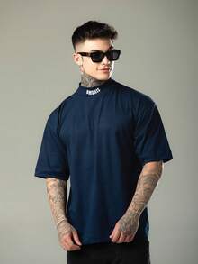 DMUNIZ Oversized Streetwear Turtleneck T-Shirts With Glorious Print On The Collar - Brown/Navy Blue - View 3