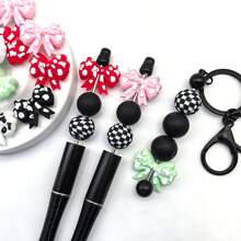 5 Stücke Silikon Perlen, klassische schwarz-weiße schleifen-förmige lose Abstandshalter Perlen, geeignet für selbstgemachten DIY Schmuck, Armbänder, Halsketten, Schlüsselanhänger/Stift Perlen, Handyanhänger, Taschenanhänger, Geburtstagsgeschenke und Geschenke für Frauen