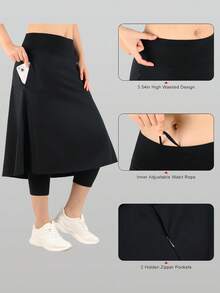 RUNONWHEELS 5 Women's High Waist Knee-Length Tennis Skorts With Pockets, 3/4 Length - Black - View 4