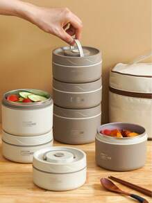 304 Stainless Steel Thermal Lunch Box,Double Layer Portable Meal Container,Round Multi-Layer Lunch Box With Cover For Work/School,Airtight