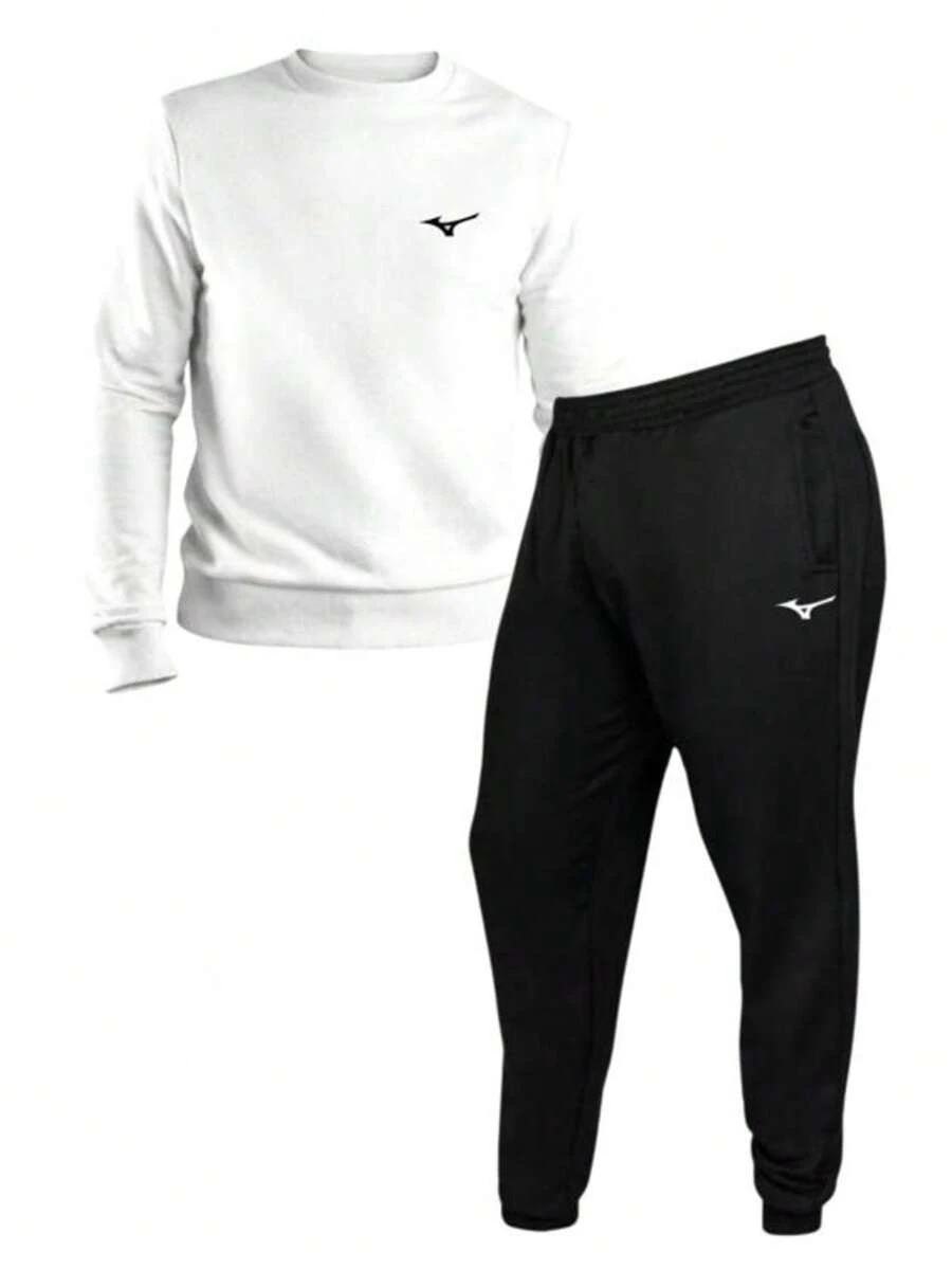 Men's Round Neck Sweatshirt + Sports Gym Pants Kit Set Promotion - 白色 - 查看 1