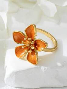 1pc Fashionable Retro Versatile Vacation Beach Style Dopamine Orange Enamel 5-Petal Flower Ring, Suitable For Vacation, Travel, Date, Daily Wear - Orange - View 2