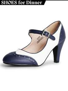 Women Mary Jane Pumps – Round Toe Retro Low Kitten Heels With Ankle Strap & Memory Foam Insole, Vintage 1950s Cone Heel Dress Shoes For Weddings, Bridesmaids, Date Night, Parties & Business Casual [Size Up Half Size] - 海軍藍奶油色 PU - 查看 1