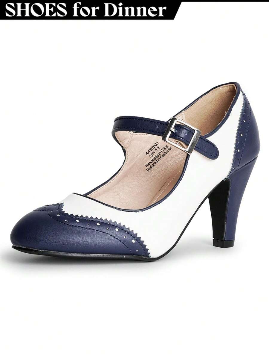 Women Mary Jane Pumps – Round Toe Retro Low Kitten Heels With Ankle Strap & Memory Foam Insole, Vintage 1950s Cone Heel Dress Shoes For Weddings, Bridesmaids, Date Night, Parties & Business Casual [Size Up Half Size] - 海軍藍奶油色 PU - 查看 1
