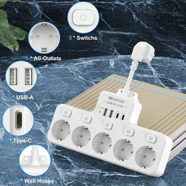 HITRENDS 1 Stück EU-Stecker Mehrfachsteckdosenleiste mit 5 Wechselstromsteckdosen, 2 USB-A (5V, 2,4V, 12W) und 2 USB-C (5V, 3,4V, 17W) Anschlüssen, USB-Touchdisplay-Schalter für schnelles Aufladen, Wandsteckdose mit Überspannungsschutz, 5 cm Verlängerungskabel mit unabhängigem LED-Anzeigeschalter, kann eingebaut und an der Wand montiert werden, 4000W 16A 250V. Vielseitige Mehrfachsteckdosenleiste für Zuhause, Büro, Reisen und Küche
