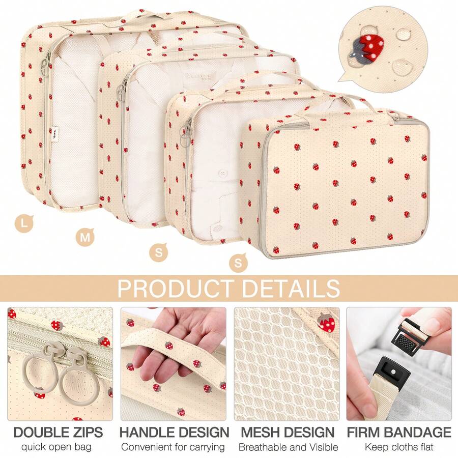 8-Piece Packing Cubes,Travel Clothes Storage Bags,Luggage Packing Organizers, Foldable, With Zipper, Shoe Tidy Pouch , For Suitcases, Back To School, Travel, Vacation Essentials, Travel Accessories,Pack Your Luggage With Ease - 米底草莓 - 查看 1