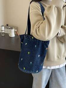 Bolso de lona de verano con bordado, bolso de tela vaquera, diseño único, bolso de hombro de gran capacidad y de moda para ir al trabajo - Multicolor - Ver 6