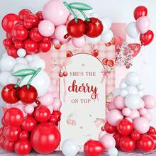 Set de 128 piezas de arco de globos con temática de cereza, que incluye globos de látex de color rojo, rosa y blanco, además de globos de lámina de aluminio con diseño de cereza para decorar fiestas de cumpleaños, bodas, duchas nupciales y otras celebraciones con tema de cereza - Multicolor - Ver 2