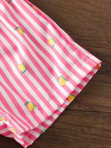 Set de 2 piezas de blusa con gráfico de limón y shorts a rayas para niñas bebé, uso casual de verano diario