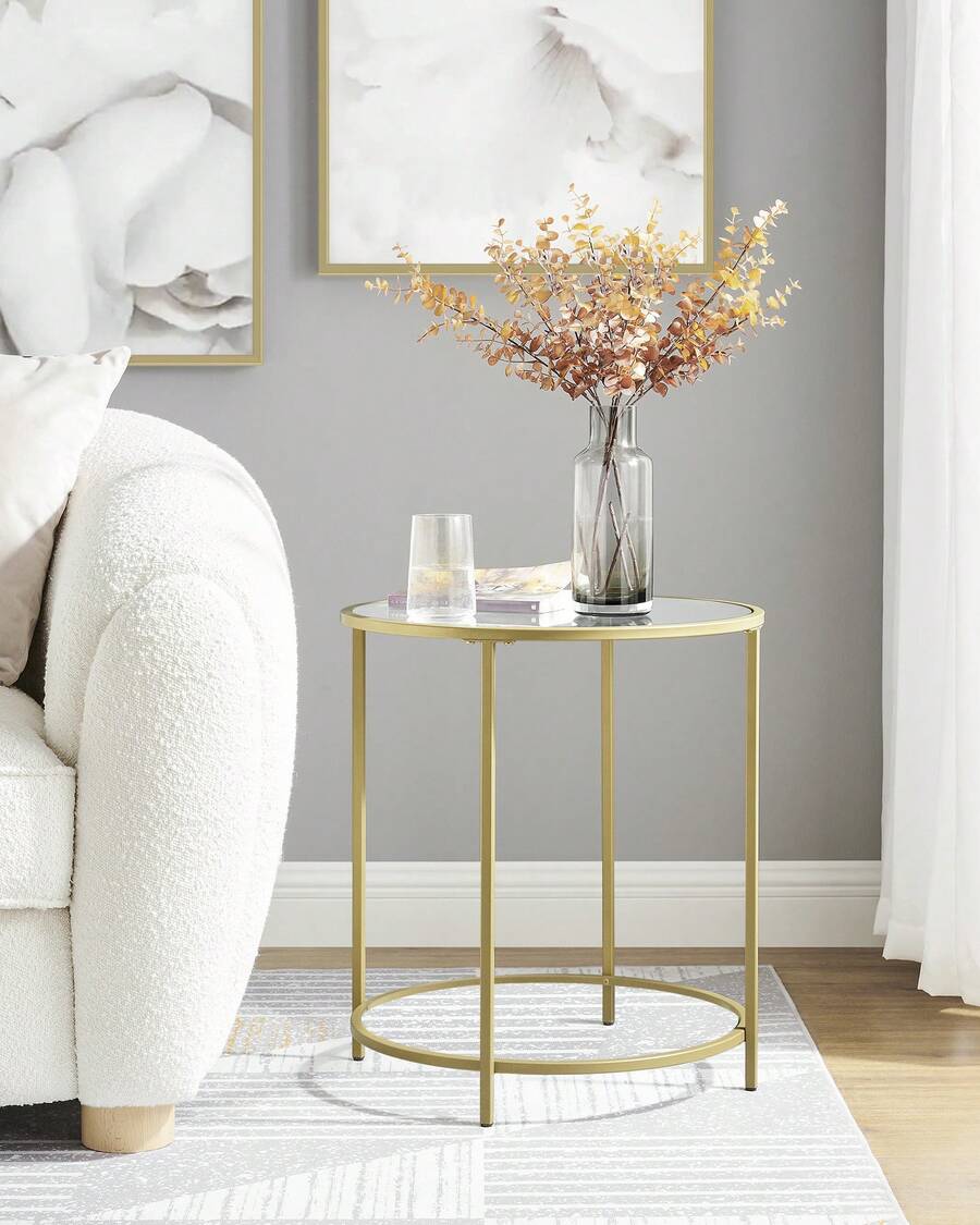 Mesa Auxiliar Redonda, Mesita de Noche de Cristal con Marco de Acero, Mesa de Centro Pequeña, para Salón, Balcón, Decorativo, Dorado y Transparente - Dorado - Ver 1