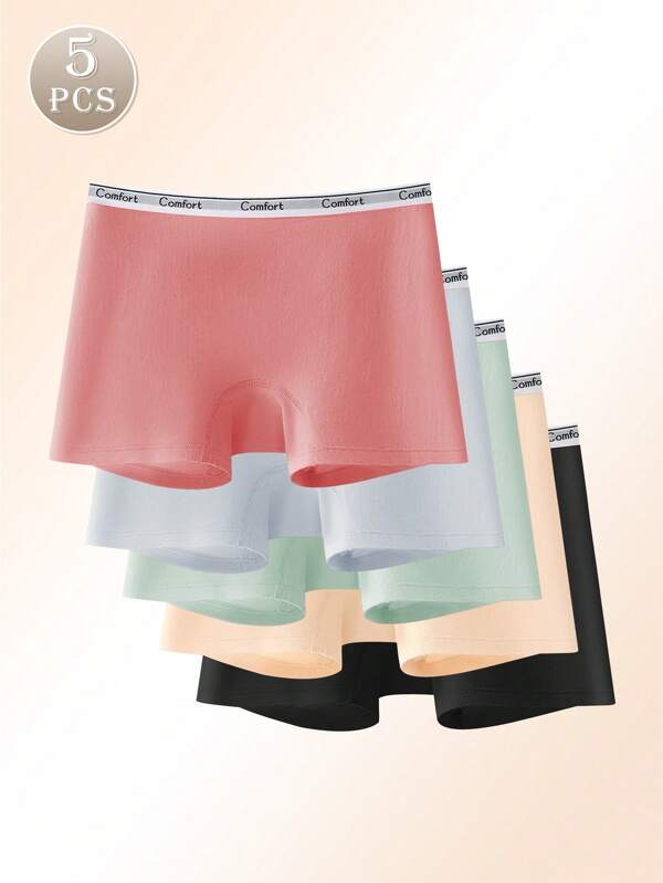 5pcs Women Cotton Breathable Comfort Panties, Casual Solid Color Boyshort Briefs