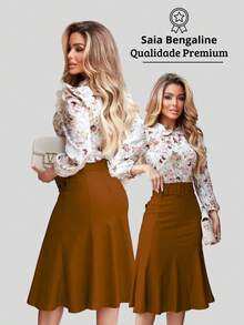 Saia Feminina Moda Social Secretária Com Elastano E Cinto.