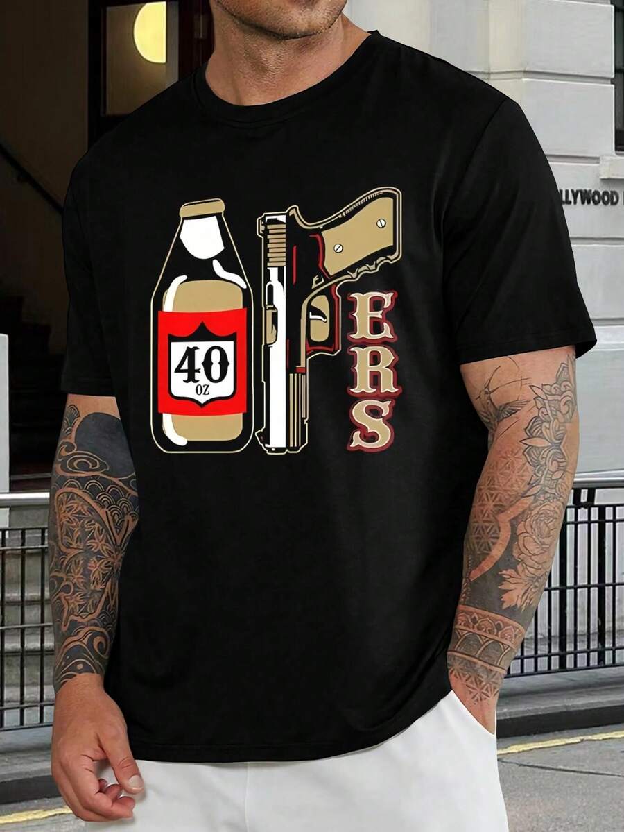 Camiseta de cerveza para hombre estilo gánster divertida - camiseta Hip Hop Urban Streetwear - algodón negro mezclado cuello redondo manga corta - camiseta gráfica ERS para jóvenes - Negro - Ver 1