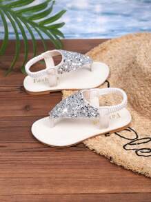 New Summer Fashion For Toddlers/Little Girls In 2025: Large Rhinestone Decorated, Flat-Bottomed, Anti-Slip Round-Toed Slippers, Suitable For Beach And Home Wear