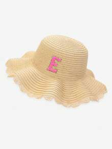 1pc 26 Alphabet Customized Kids Straw Hat With Flower Lace Brim, Suitable For Gifts, Daily Outings, Picnics, Sun Ion, Beach Vacations - Light Khaki - View 28