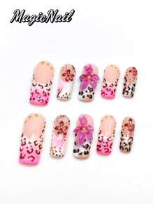 10 Pieces Of Pure Hand-Pressed Wearable Nail, Press On Nails,Nail Supplies,Nails Ptess On,Beach Essentials,33mm-Length Nail Pieces, Pink And White Contrasting Colors, Hand-Kneaded Raised Flowers With Pink Strokes