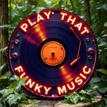 2D 平面 - 1 件复古唱片金属标牌 - 8x8 英寸复古墙面装饰，带有“PLAY THAT FUNKY MUSIC”霓虹灯文字，2D 平面印刷，适合家庭、车库、咖啡厅、餐厅、车库墙面艺术 | 复古墙面艺术 | 金属表面，唱片墙面艺术（随机孔样式） - 彩色 - 查看 1