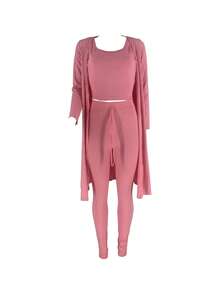 Casual Ribbed 3-Piece Set, Crop Top+High Waisted Drawstring Pants+Long Cardigan, Women's Clothing - 粉色 - 查看 5