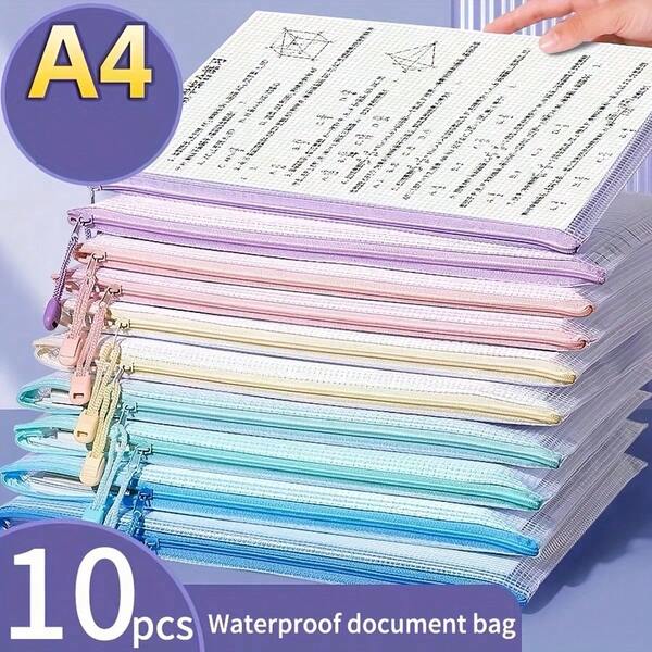 10pcs A4 Zippered Document Bags, Transparent Waterproof Storage Pouches For Papers, Books & Exams, Pastel Colors , Ideal For School, Office & Classroom Organization, Office & School Supplies,Back To School,School Supplies