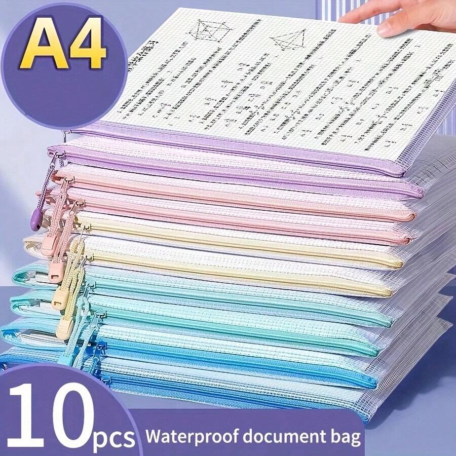10 个 A4 拉链文件袋，透明防水储物袋，适用于文件、书籍和考试，柔和色彩，非常适合学校、办公室和教室组织、办公室和学校用品、返校、学校用品
