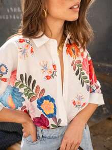 Camisa de mujer de manga corta con estampado floral y ajuste holgado, adecuada para vacaciones, uso diario, casual, primavera/verano, color blanco - Blanco - Ver 4