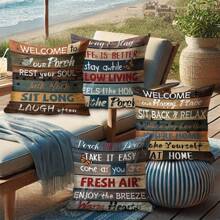 4pcs, Brown Blue Wood Text Outdoor Throw Pillow Covers Farmhouse Decorative Pillowcases One Sided Printing For Balcony Garden Patio Furniture Tent Swing Deep Seat Sofa Decor Without Pillow Inserts, Polyester, 16x16 18x18 20x20 Inches