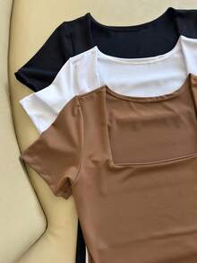 Kit 3 Basic Suplex Blouses, Square Neckline, Short Sleeve, Lined - 棕色/白色/黑色 - 查看 4